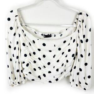Zara polka dot ruched balloon sleeve crop top size: XS